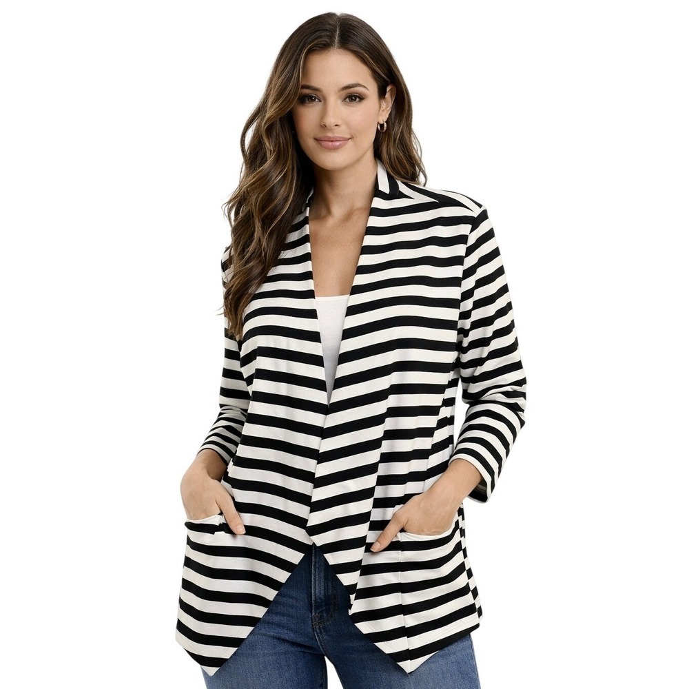 Serra Blazer Women Large Black White Striped Open Front Long Sleeve Lightweight